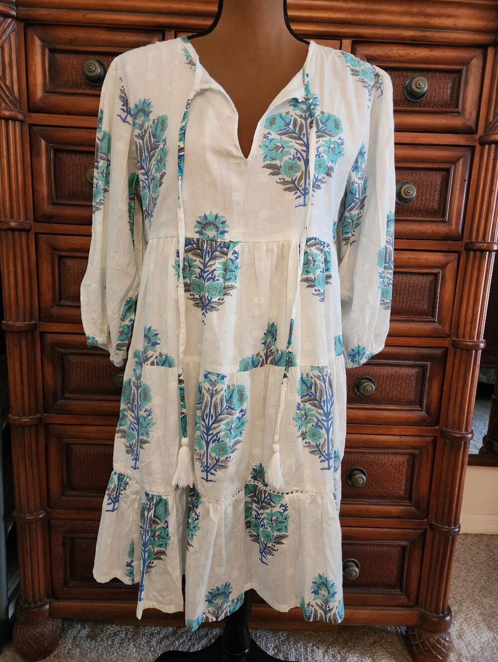 Debbie Katz Alvin Tiered Cotton Babydoll Peasant Dress Blue & Teal Floral Print